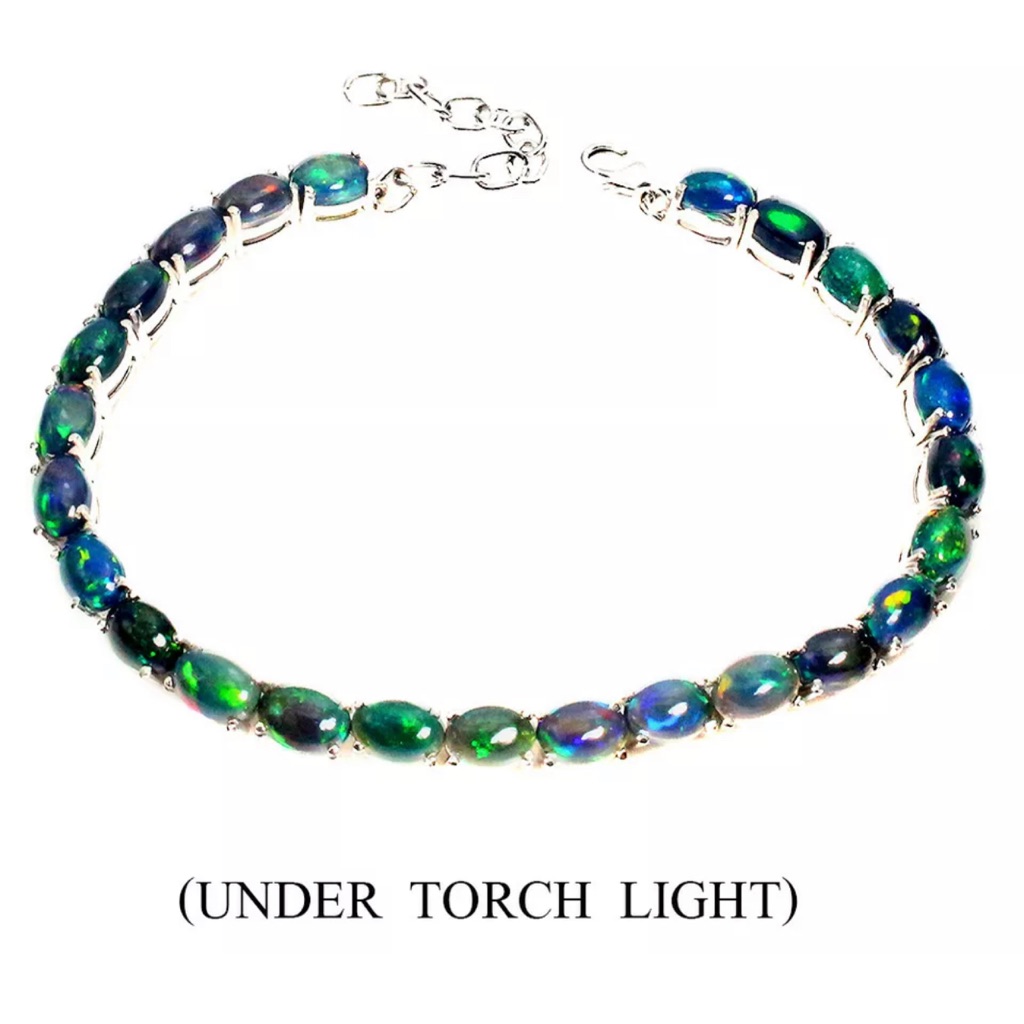 Natural Oval Black Opal Rainbow Full Flash 7x5mm 925 Silver Bracelet 8 Inches